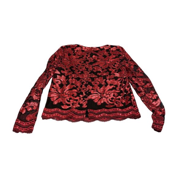 Marina Swirl Mesh Blouse Women's Medium Red Black Sequin Long Sleeve Cropped Top - Picture 2 of 8
